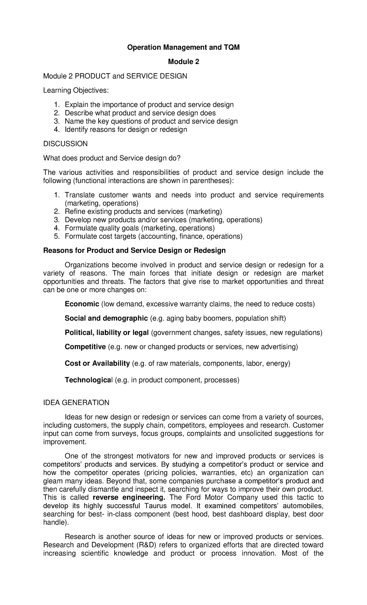 Operation Management and Total Quality Management Module 2 - BSA ...