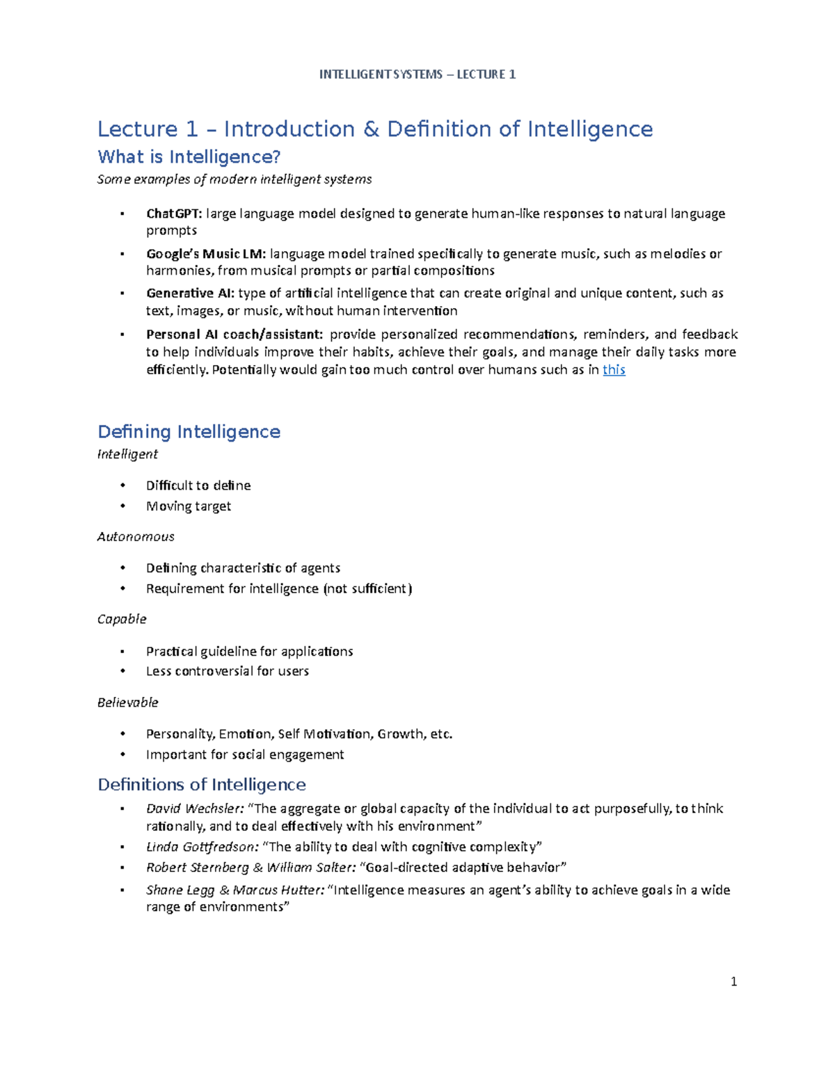 Intelligent Systems Lecture 1 Lecture 1 Introduction & Definition