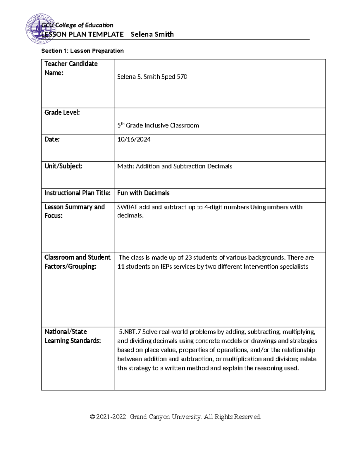 Spd 570 math 5th grade lesson Plan Selena Smith turn in - LESSON PLAN ...