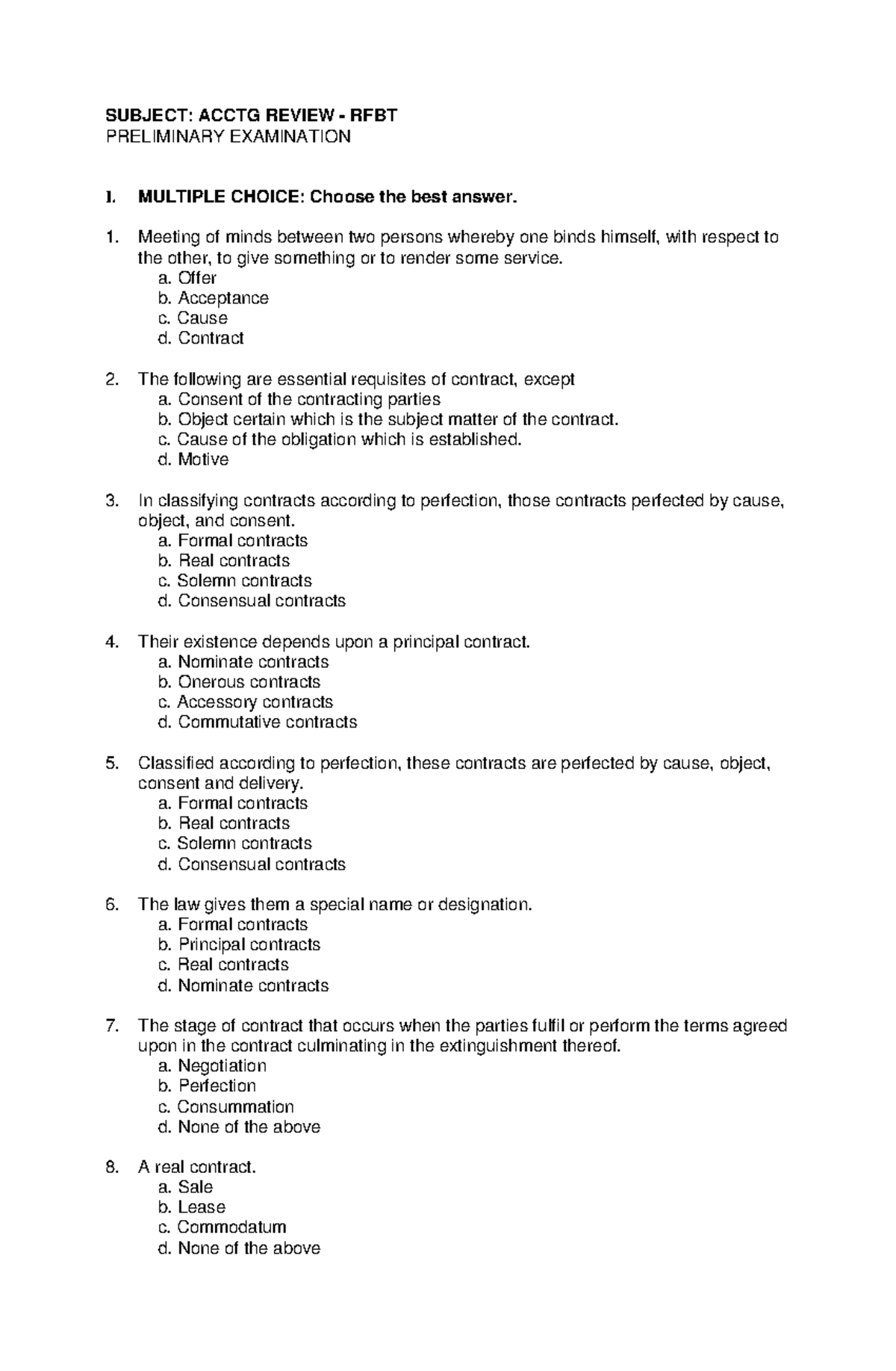 Prelim-exam - Law On Obligations Law On Contracts Law On Sales Law Law 