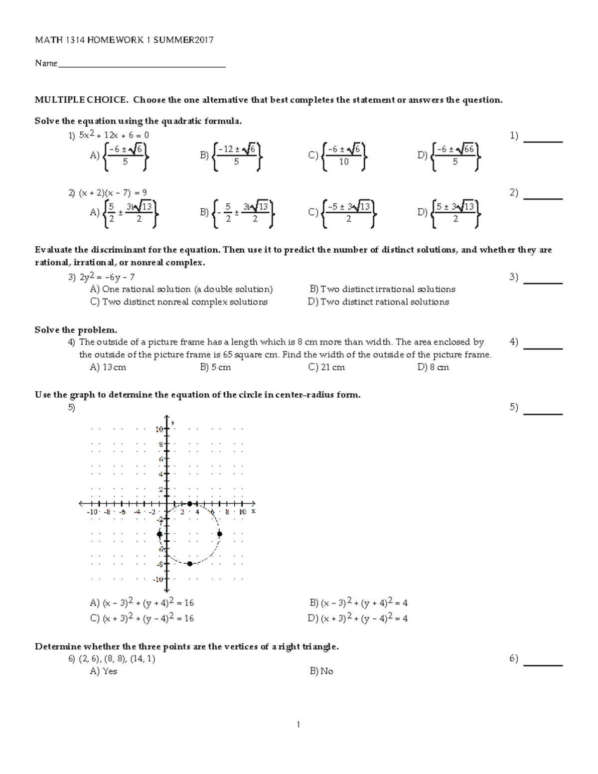 MATH 1314 Homework One Summer 2017 - MATH 1314 HOMEWORK 1 SUMMER2017 ...