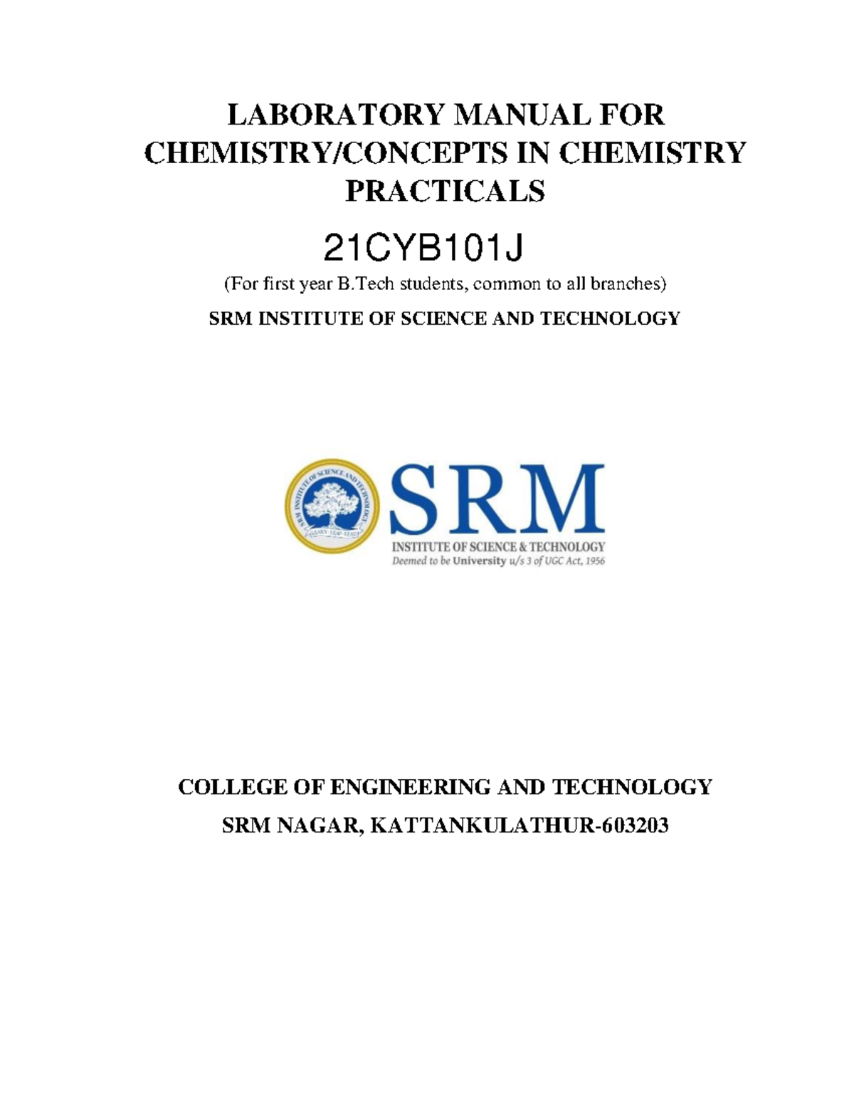 Lab ManualChemistry 21CYB101J LABORATORY MANUAL FOR CHEMISTRY