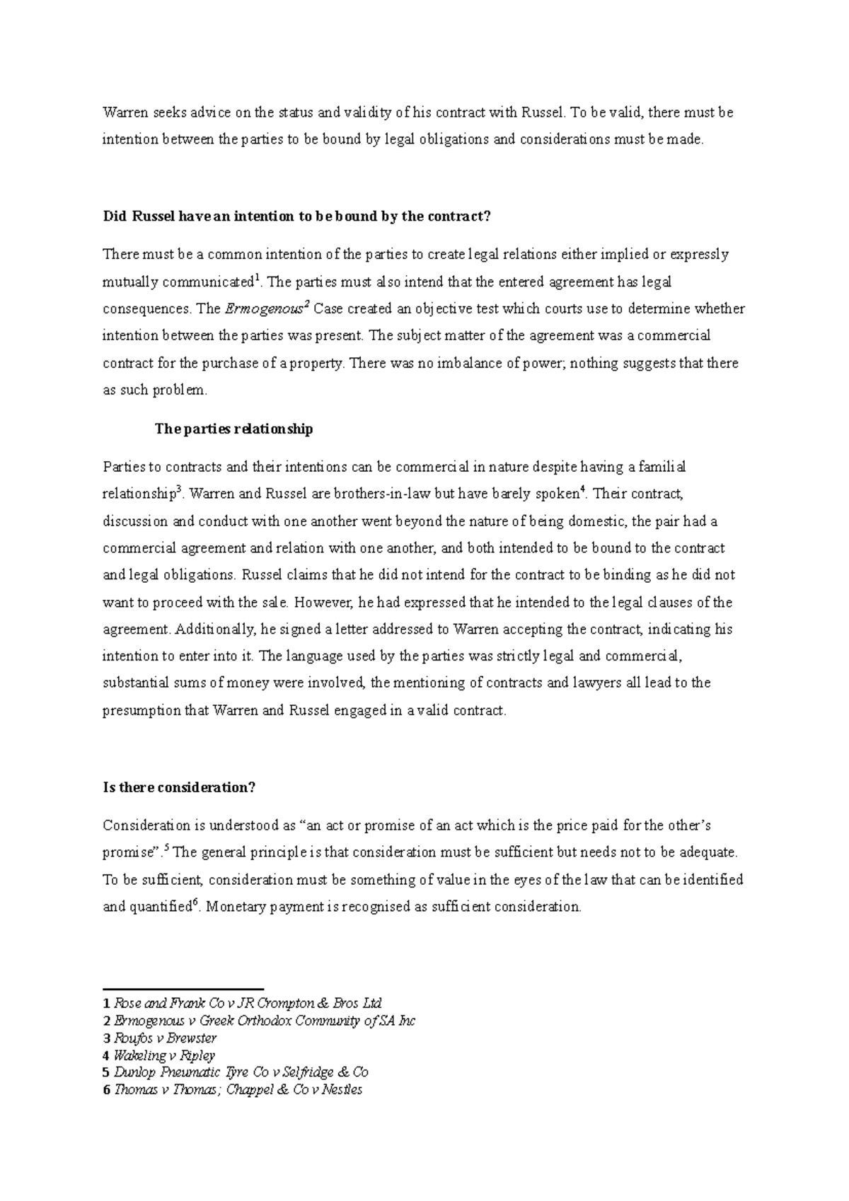 LLB202 Assessment 1 - Warren seeks advice on the status and validity of ...