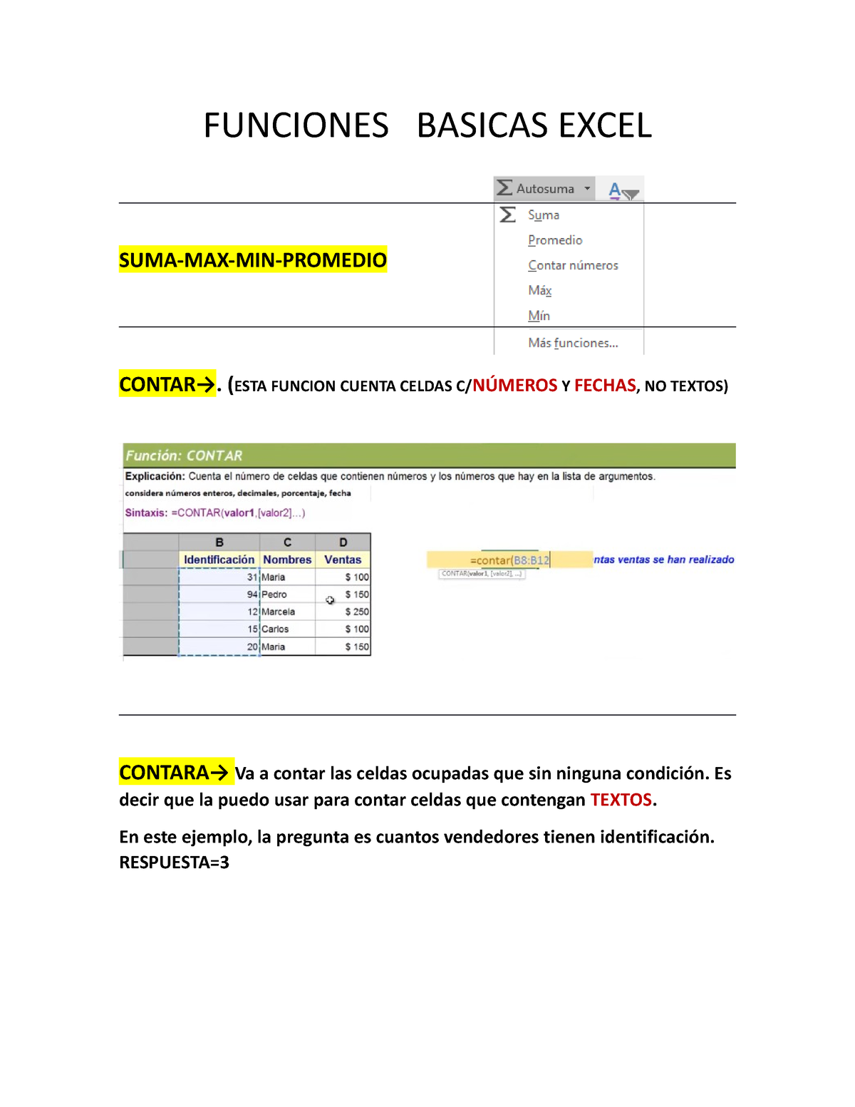 Funciones Basicas Resumen Funciones Basicas Excel Suma Max Min Promedio Contar Esta