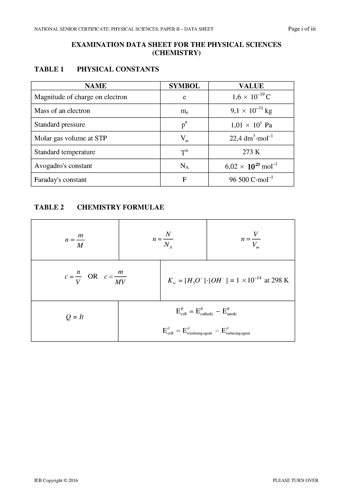 CHEM Formulae Sheet - Chemistry - NATIONAL SENIOR CERTIFICATE: PHYSICAL ...