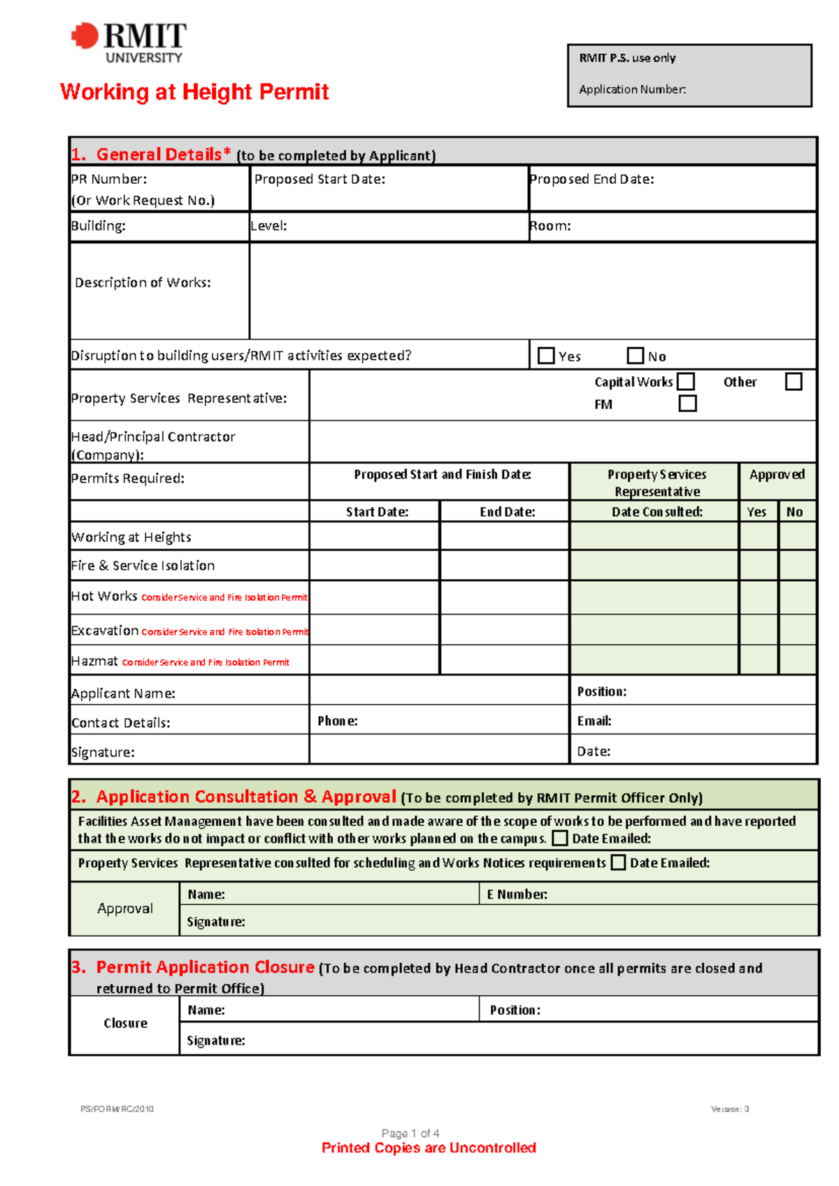 Working at heaights - 123 - Working at Height Permit PS/FORM/RC/2010 ...