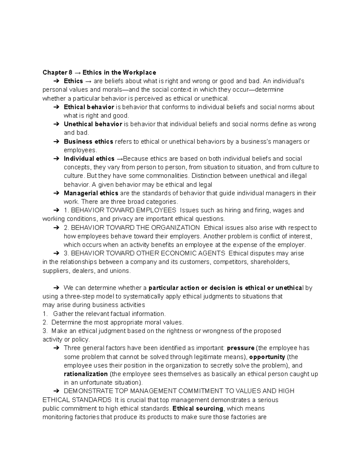 chap 8-10 notes - Chapter 8 → Ethics in the Workplace Ethics → are ...
