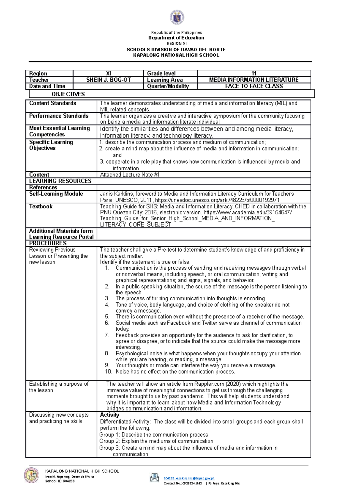 Mil Lesson Exemplar 1 - Region Xi Grade Level 11 Teacher Shein J. Bog 