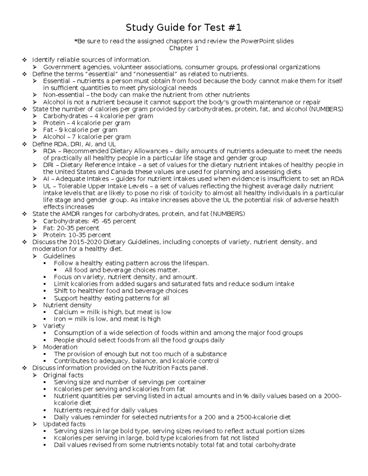 Study Guide for Test 1 - Study Guide for Test *Be sure to read the ...