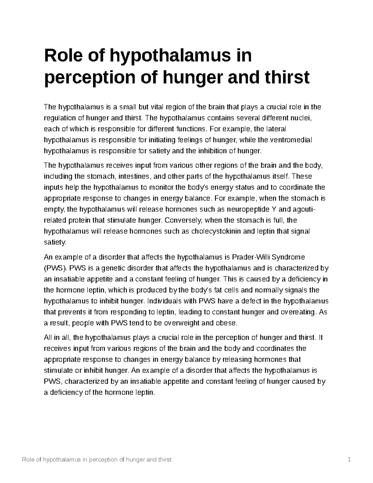 Role Of Hypothalamus In Perception Of Hunger And Thirst - The ...