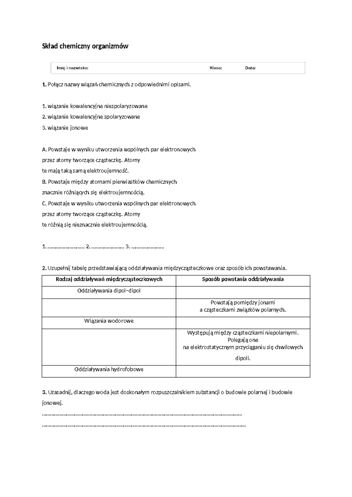Skład Chemiczny Organizmów Sprawdzian Liceum