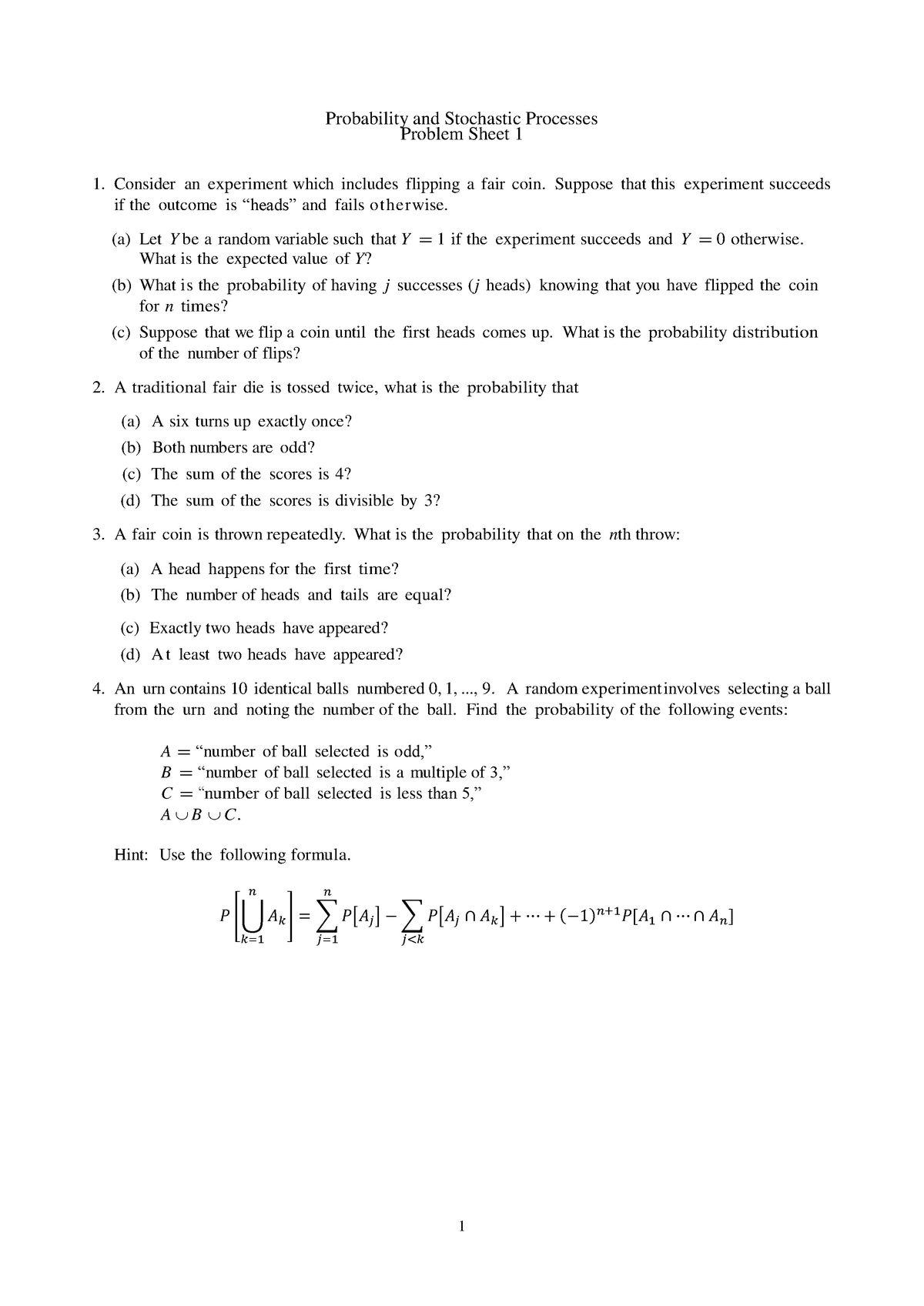 Problem sheets - Probability and Stochastic Processes Problem Sheet 1 ...