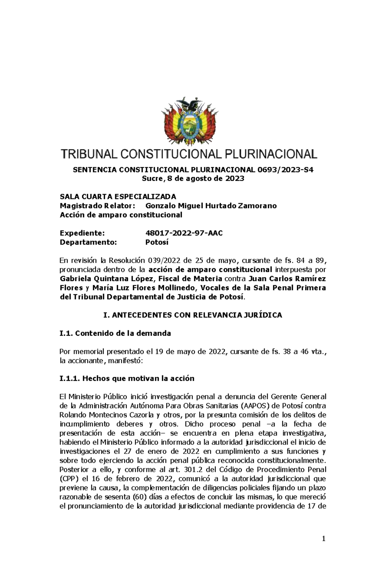 Sentencia 0693 2023-S4 - SENTENCIA CONSTITUCIONAL PLURINACIONAL 0 693 /