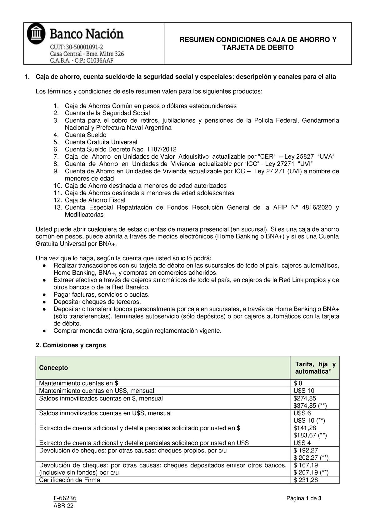 F-66236 (E) Resumen Caja de ahorro y Tarjeta Débito - RESUMEN ...