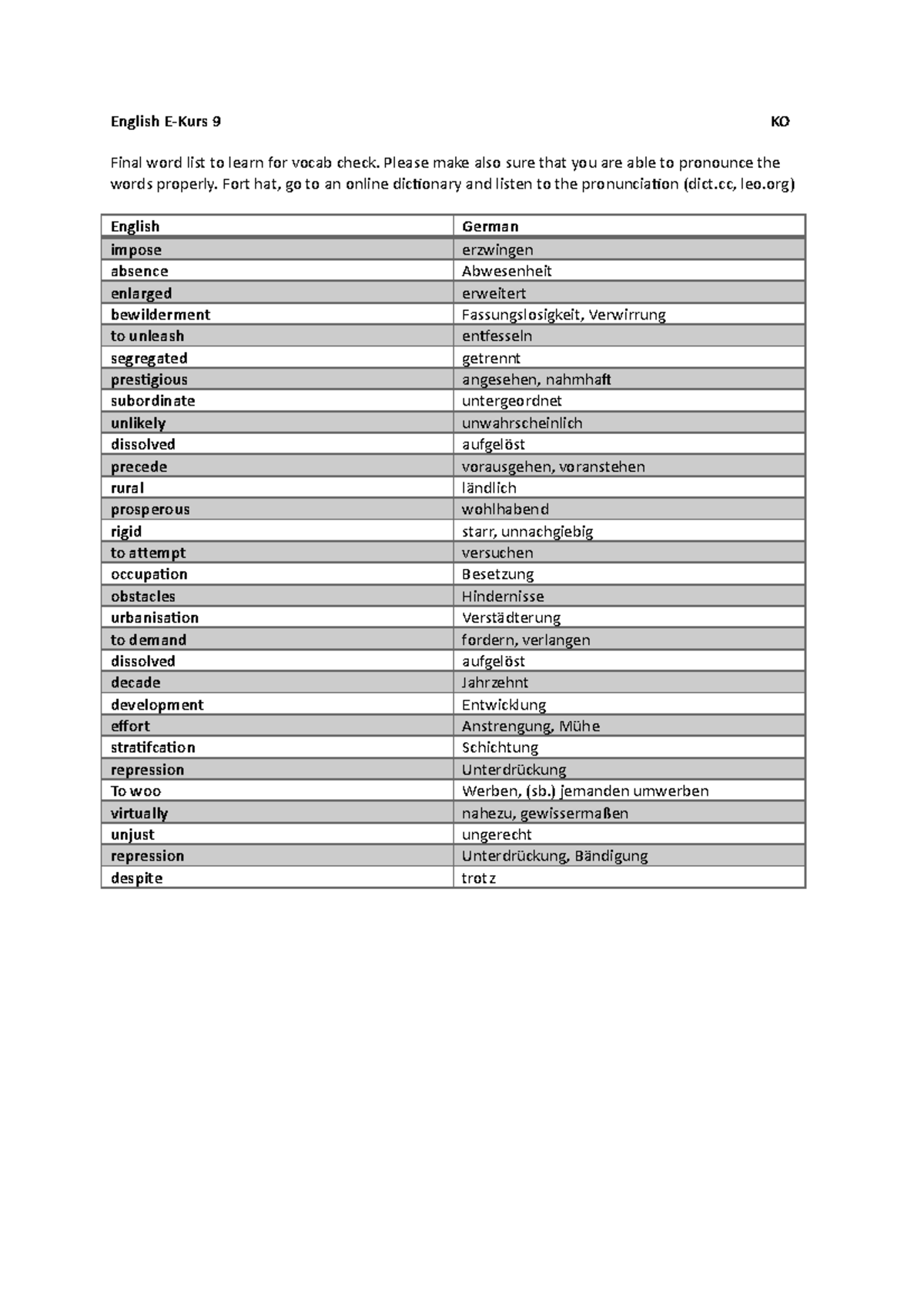 30 words - 30 wordds - English E-Kurs 9 KO Final word list to learn for ...