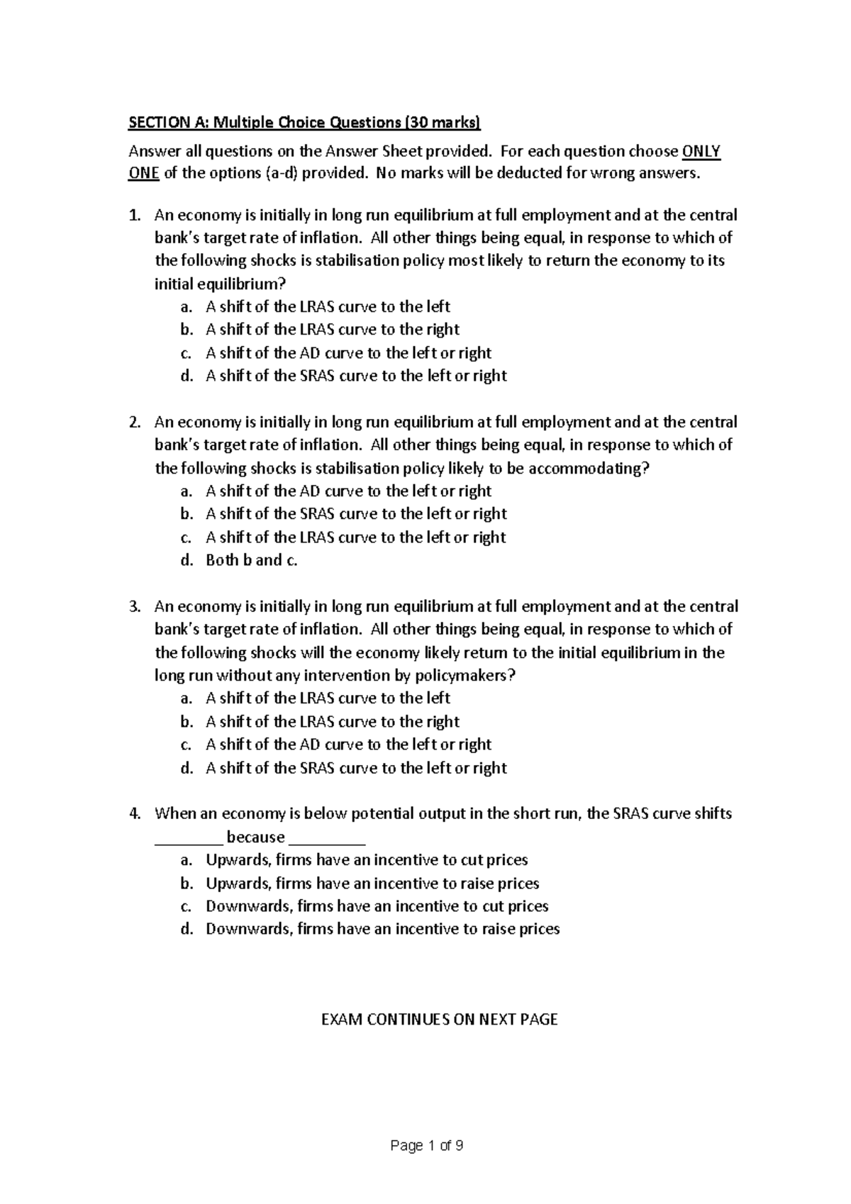 Practice Final Exam - Questions - SECTION A: Multiple Choice Questions ...