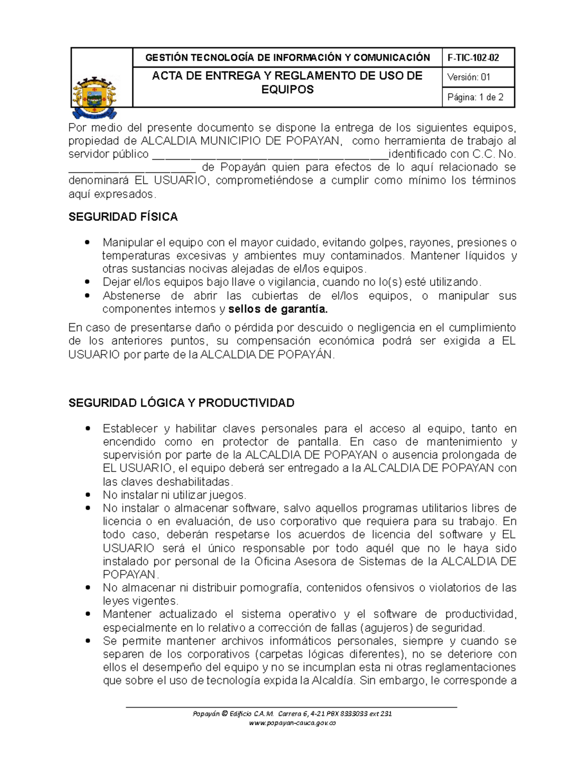 F-tic-102-02 Acta De Entrega Y Reglamento De Uso De Equipos - GESTIÓN ...