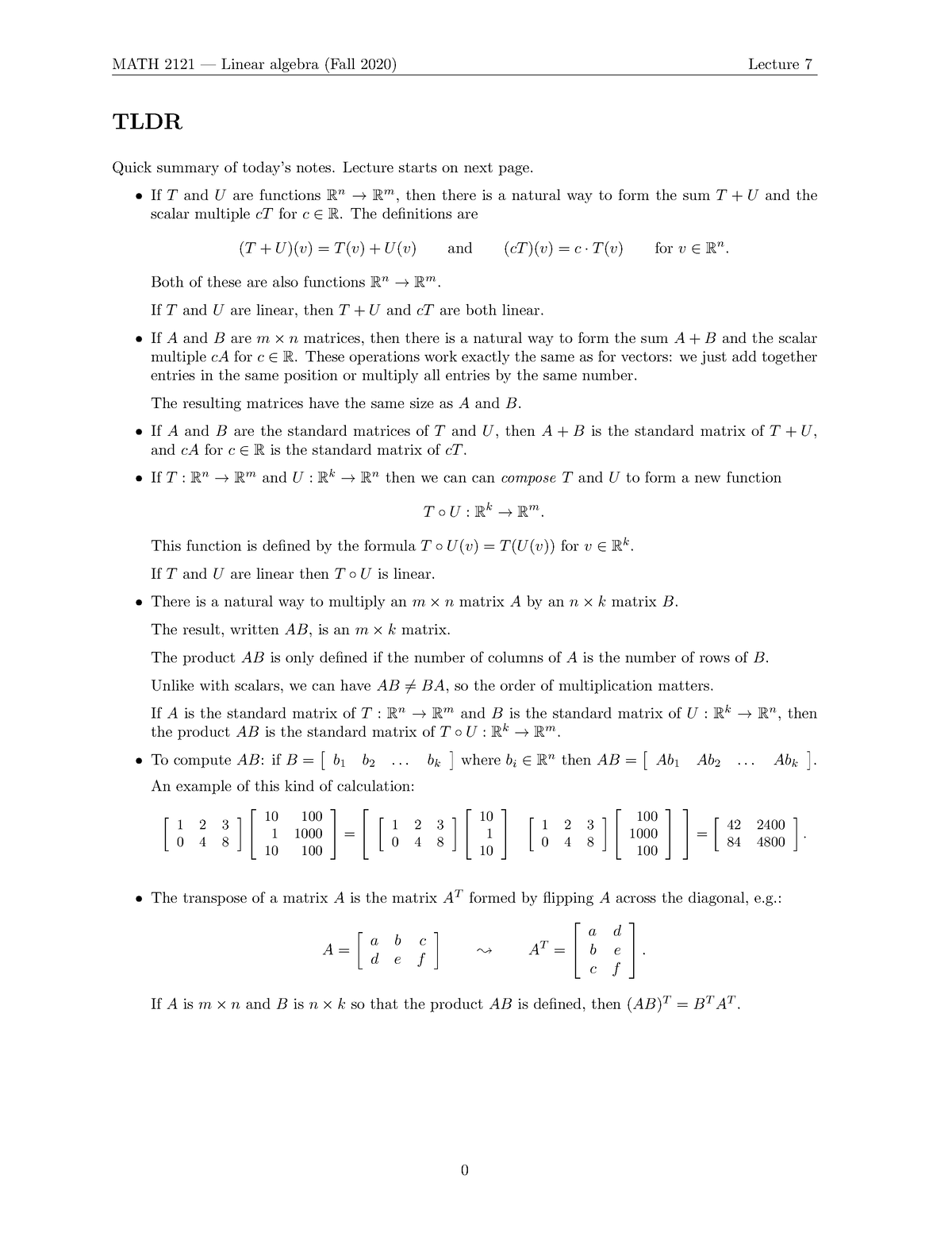 07 Math2121 Fall2020 - Lecture Notes 7 - Linear Algebra - Studocu