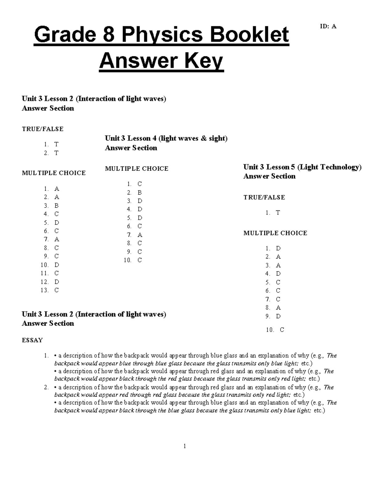 Physics Booklet Answer Key - Grade 8 Physics Booklet Answer Key ID: A ...