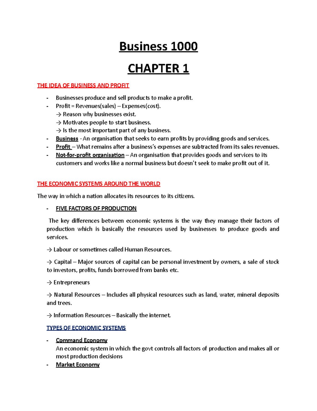 BUSI 1000 Notes - Ch 1-4 - Business 1000 CHAPTER 1 THE IDEA OF BUSINESS ...