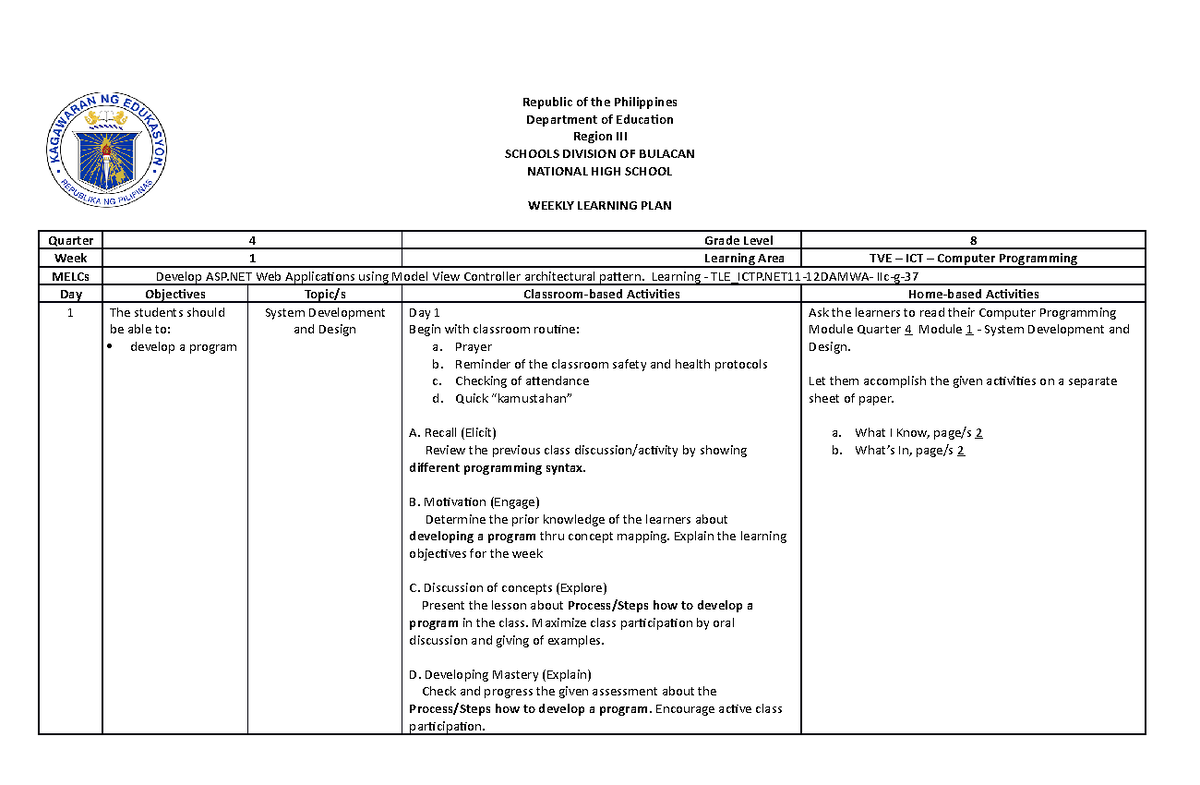 Sample-WLP - none - Republic of the Philippines Department of Education ...