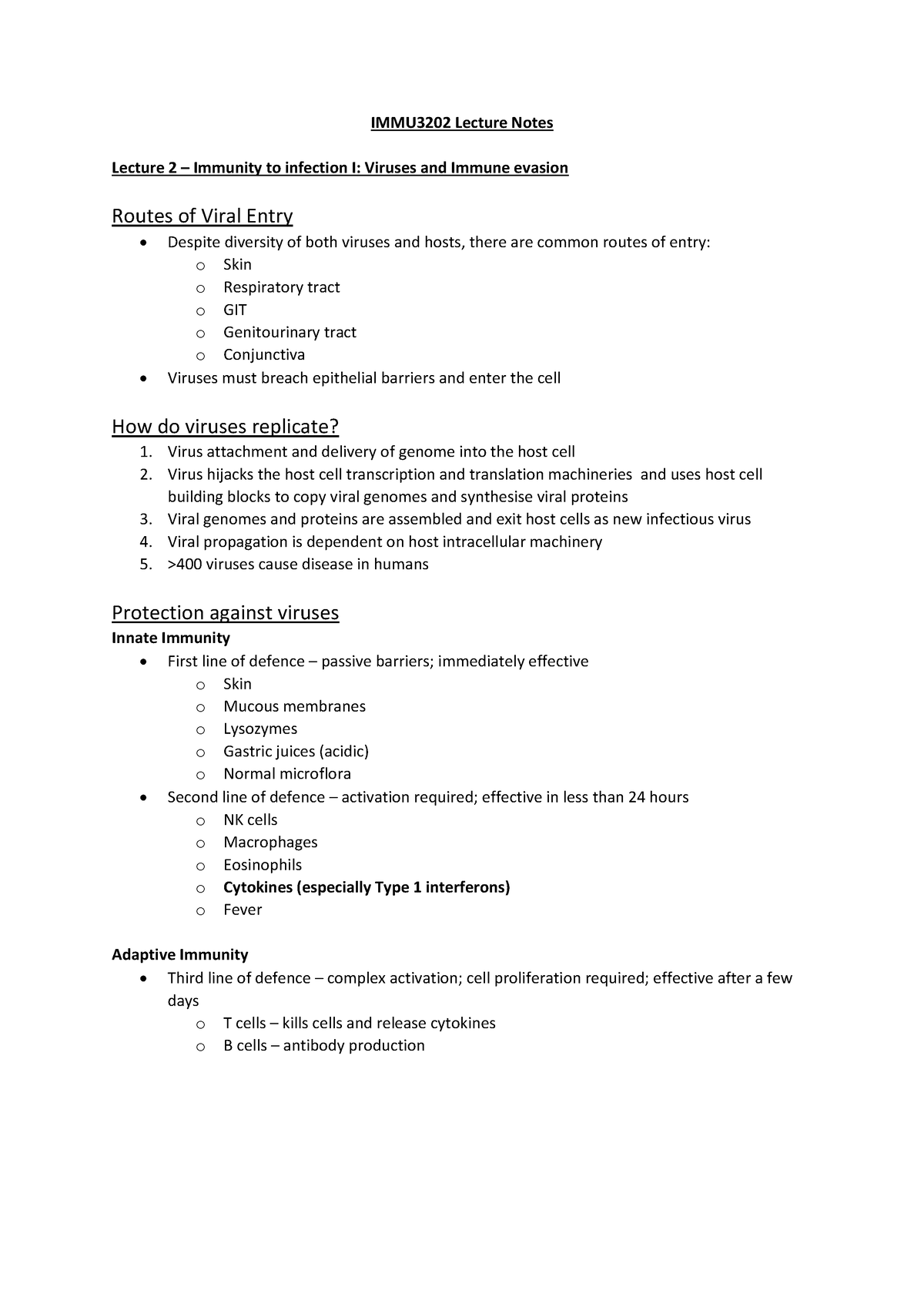 IMMU3202 Lecture Notes - IMMU3202 Lecture Notes Lecture 2 – Immunity to ...