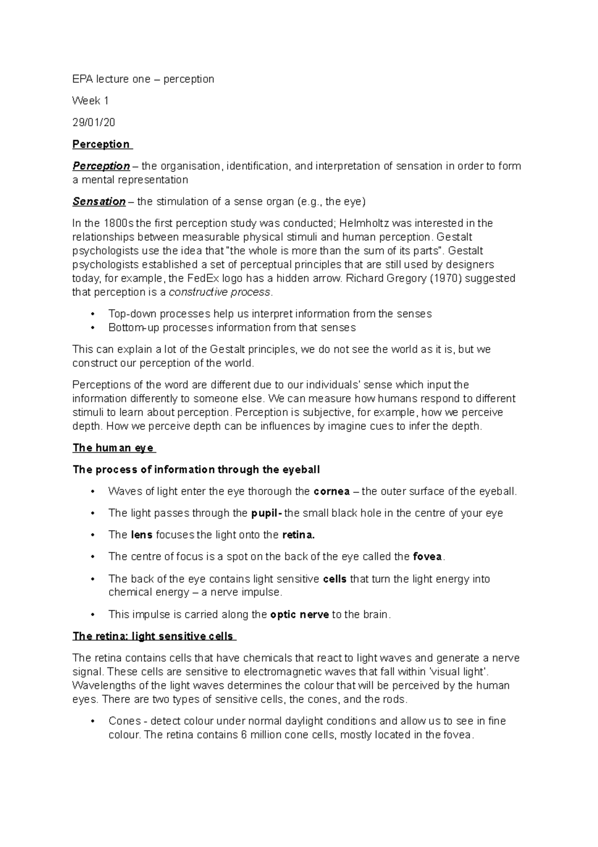 week one epa - perception - EPA lecture one – perception Week 1 29/01 ...