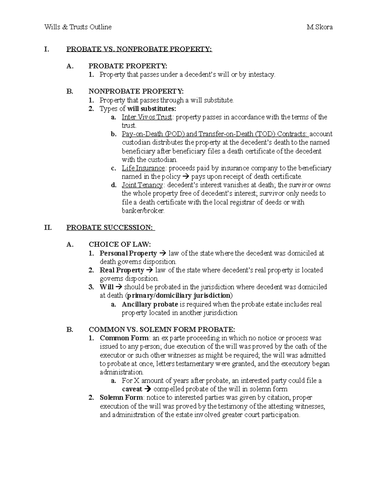 Wills Outline - I. PROBATE VS. NONPROBATE PROPERTY: A. PROBATE PROPERTY: 1.  Property that passes - StuDocu
