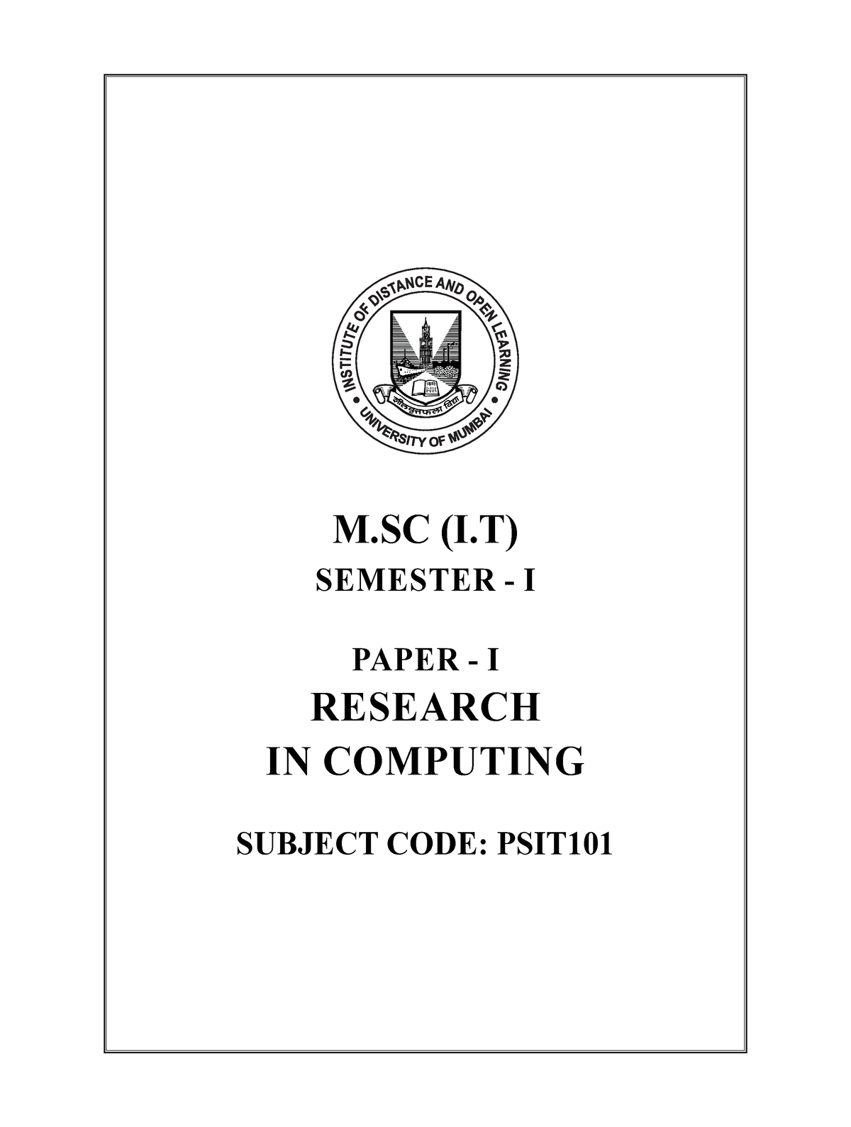 Research In Computing M - M (I) SEMESTER - I PAPER - I RESEARCH IN ...
