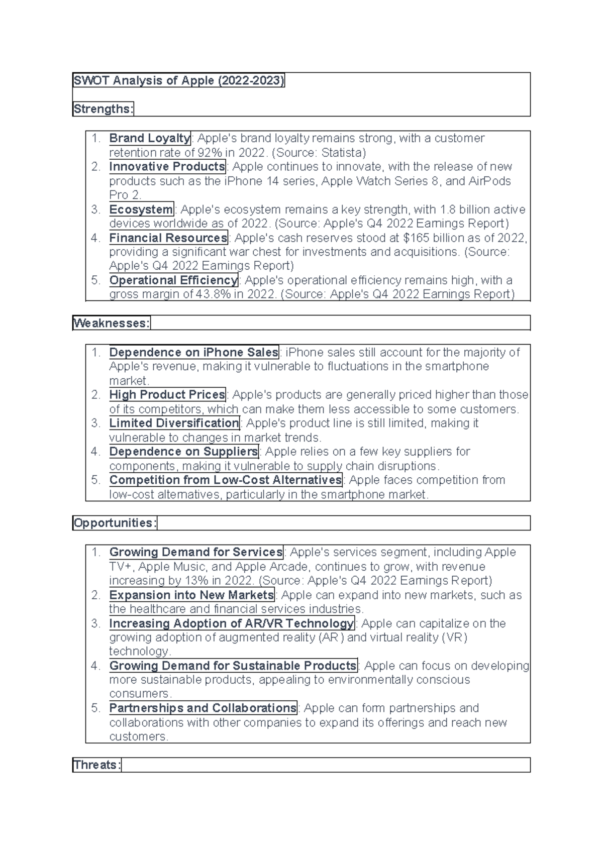 Apple SWOT - SWOT Analysis of Apple (2022-2023) Strengths: 1. Brand ...