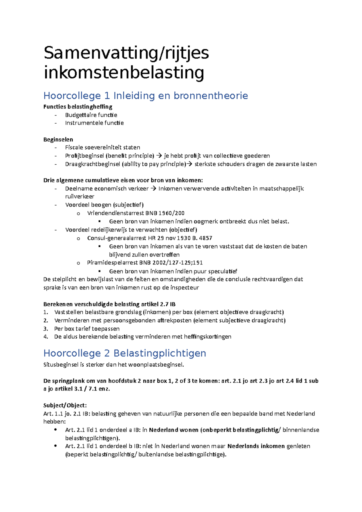 Samenvatting Inkomstenbelasting - Samenvatting/rijtjes ...