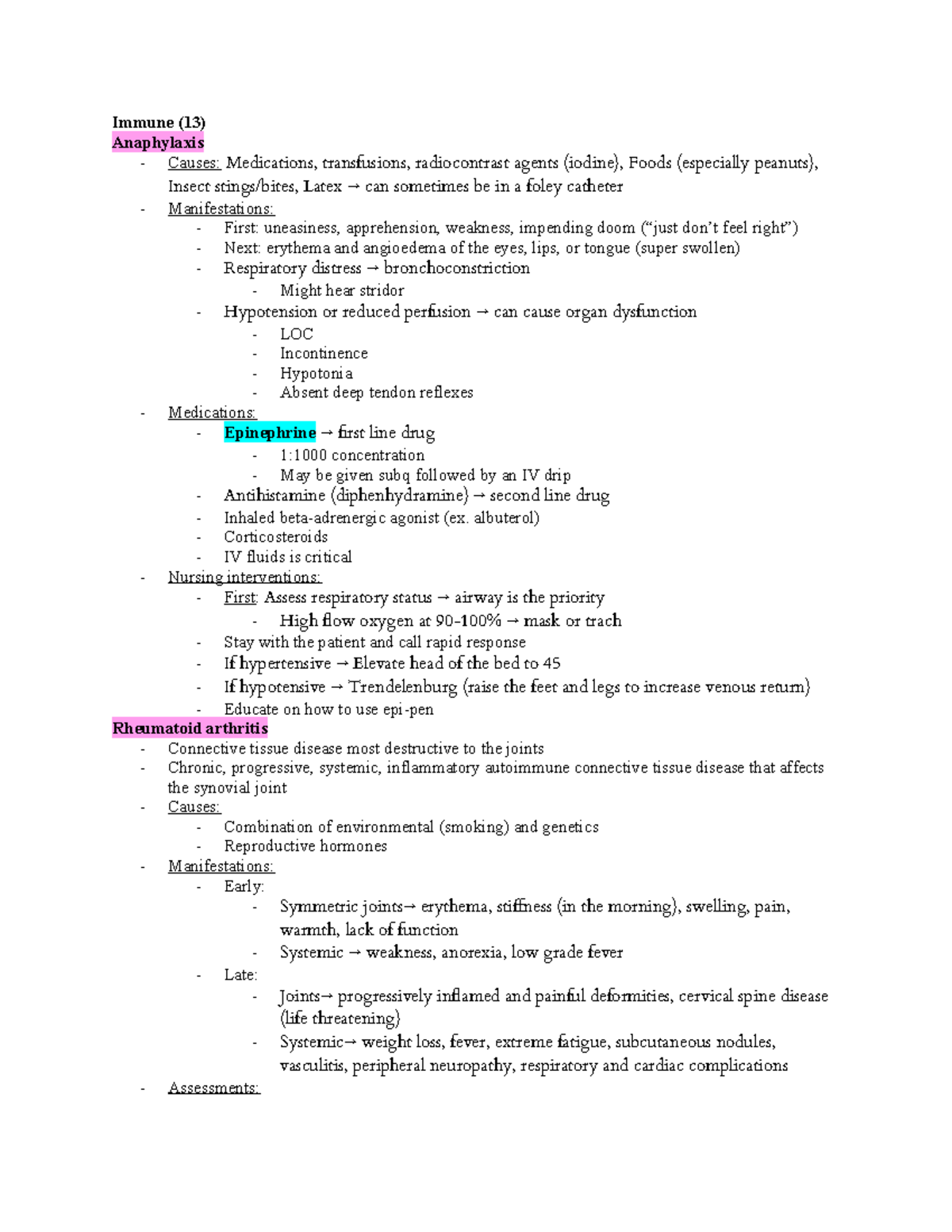 Exam #2 Review - Immune (13) Anaphylaxis - Causes: Medications ...