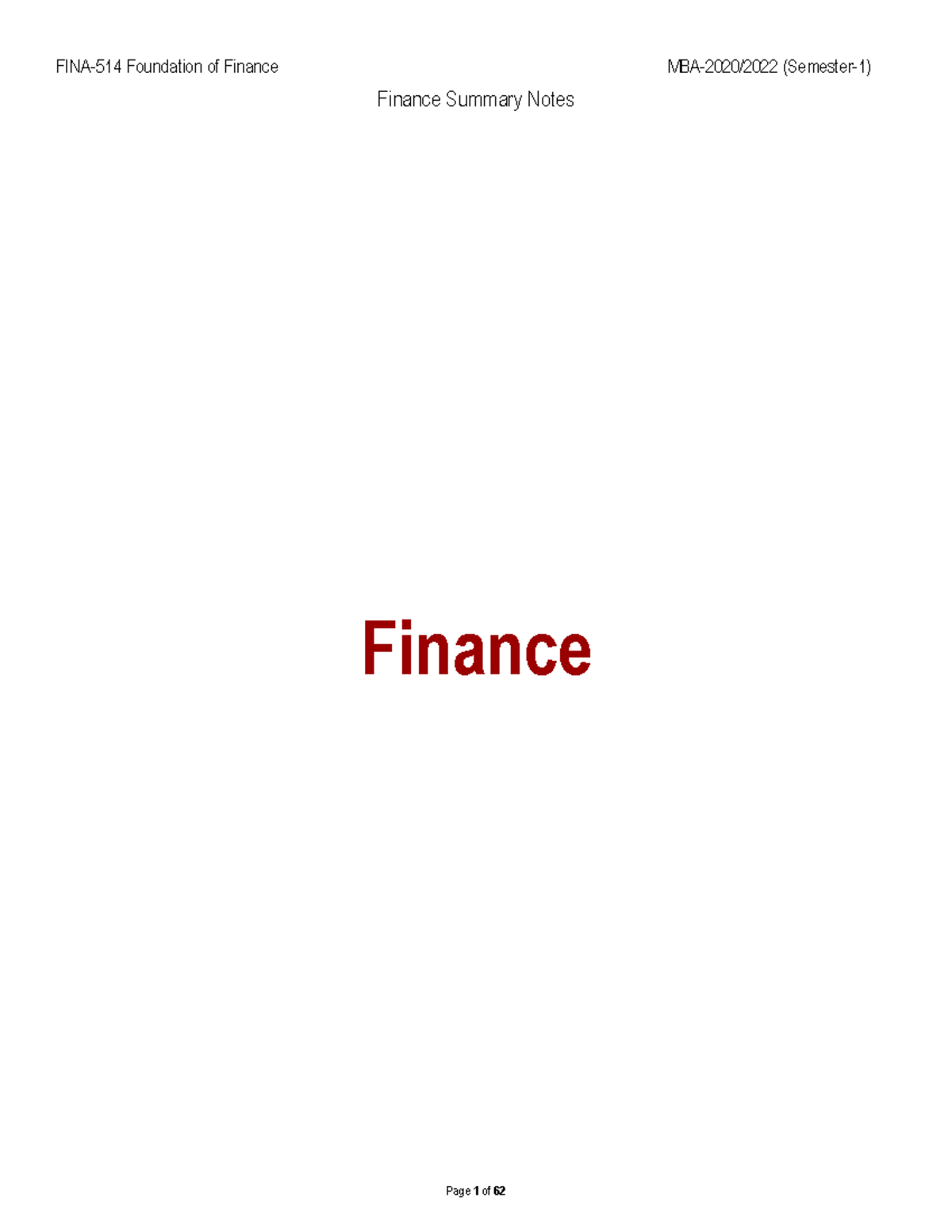 Summary Notes MBA-Semster-1 (2021-07-30) - Finance - Finance Summary ...