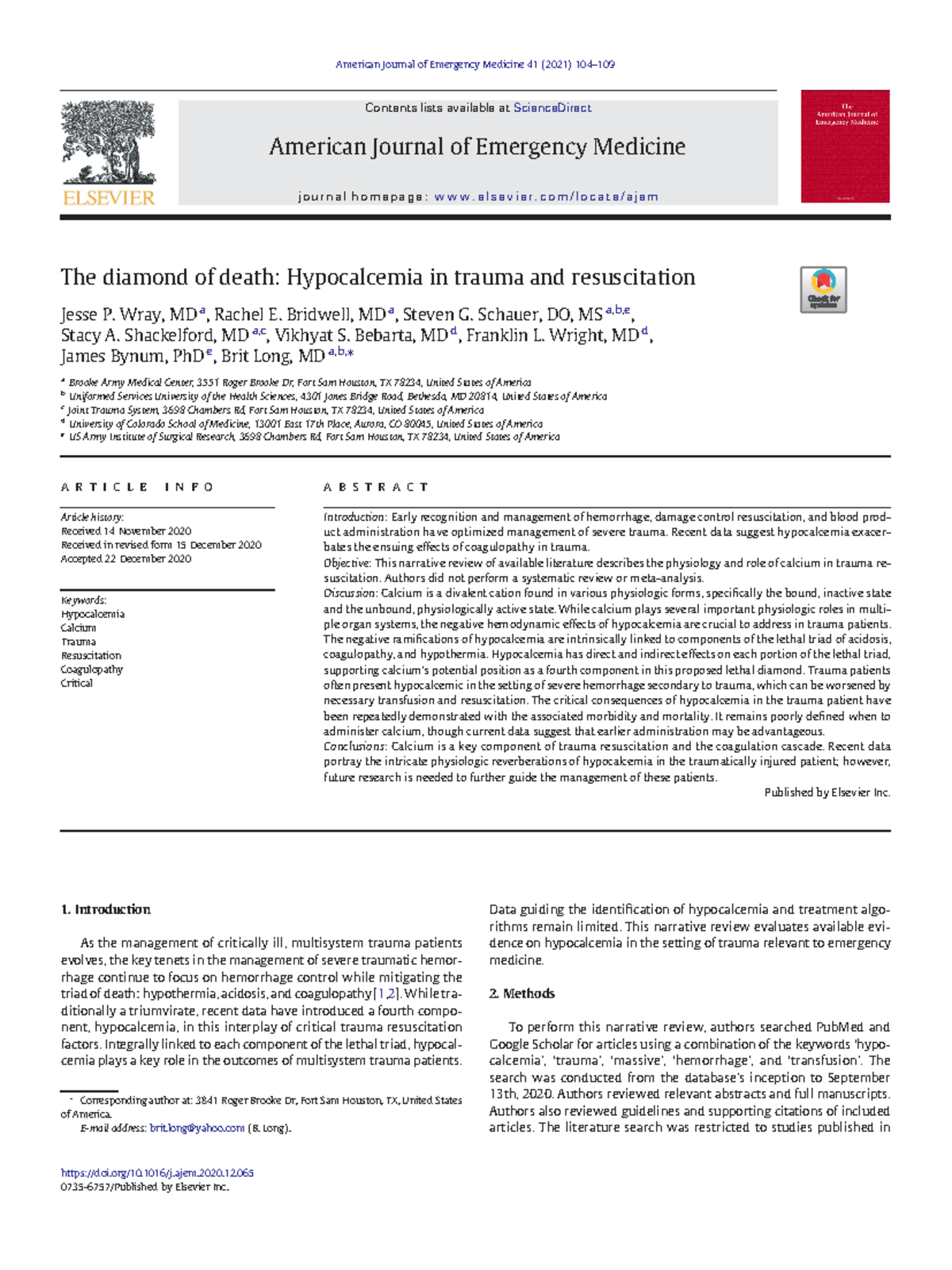The diamond of death Hypocalcemia in trauma and resuscitation - Wray ...