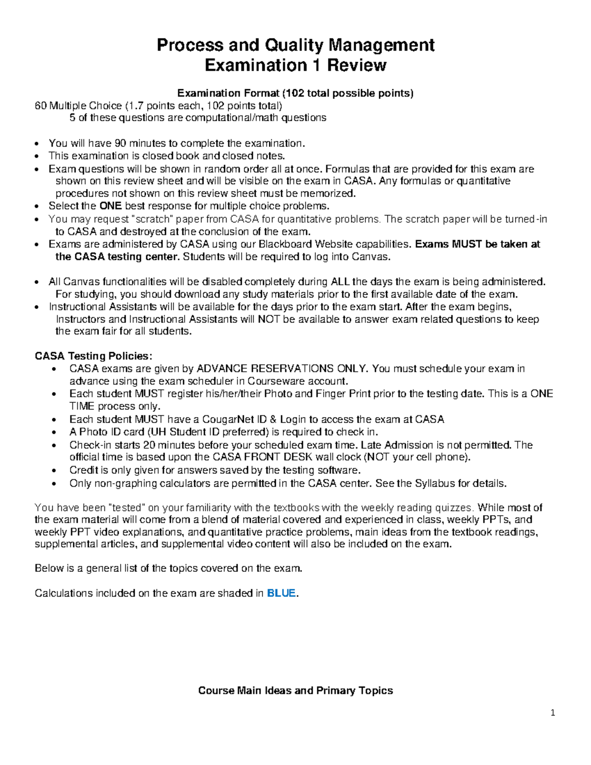 Exam 1 Review - practice - 1 Process and Quality Management Examination ...
