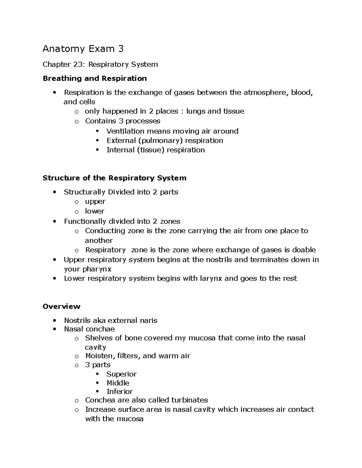 Anatomy Exam 3 Review - Anatomy Exam 3 Chapter 23: Respiratory System ...