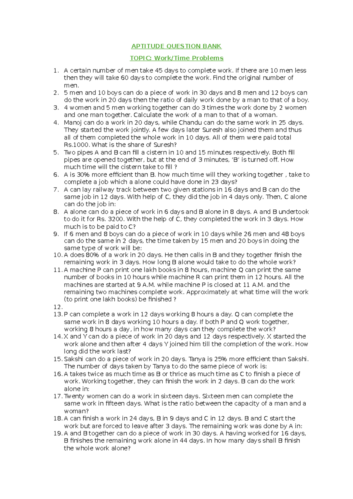 Aptitude Question BANK - APTITUDE QUESTION BANK TOPIC: Work/Time ...