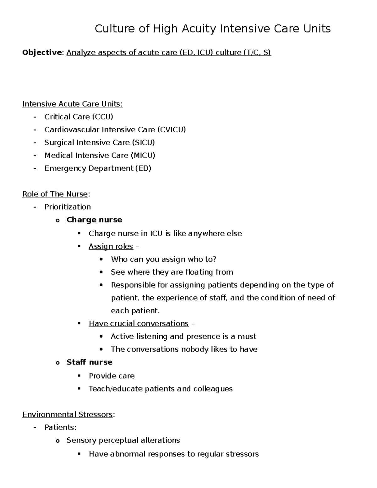 Culture of High Acuity Intensive Care Units - Culture of High Acuity ...