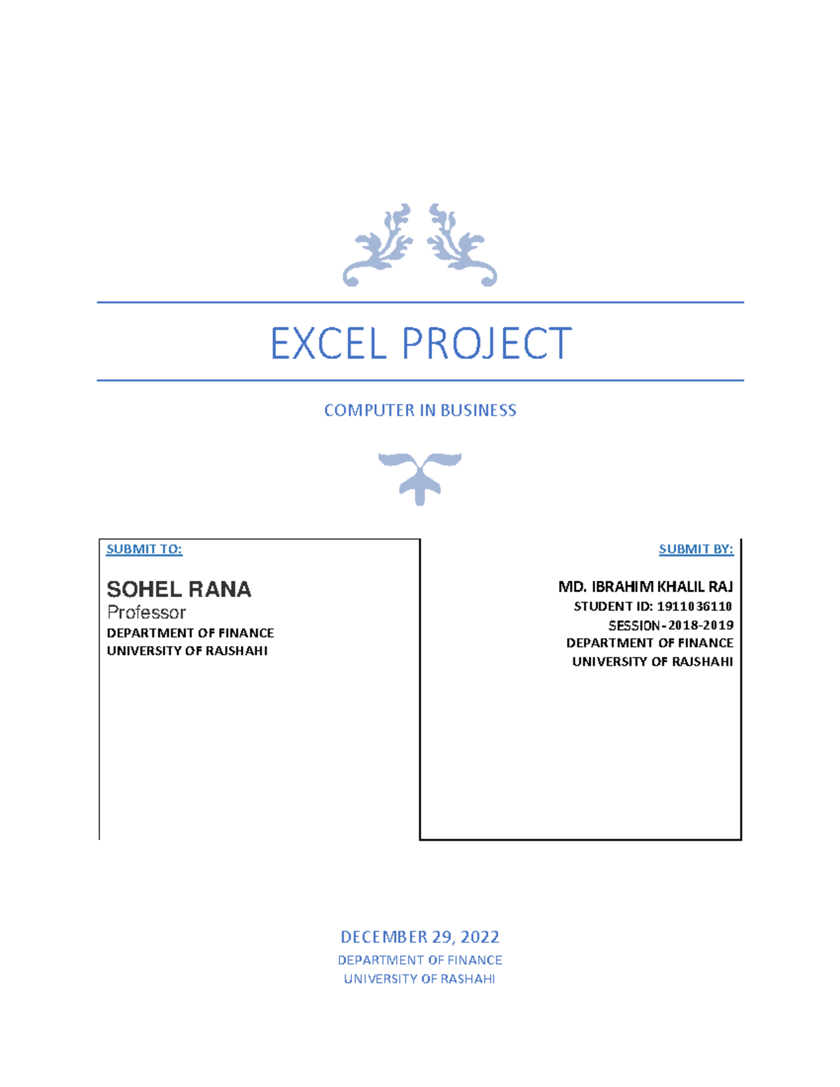 Computer In Business ( Excel Project ) EXCEL PROJECT COMPUTER IN BUSINESS SUBMIT TO SOHEL