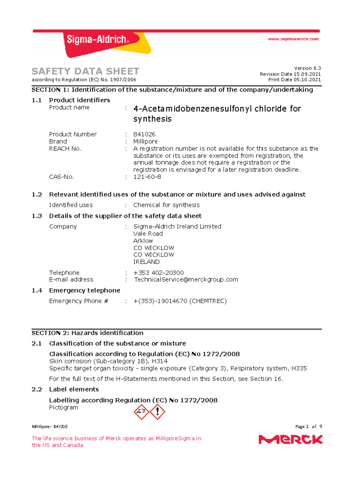 841026 SDS IE EN - Millipore- 841026 Page 1 of 9 The life science ...