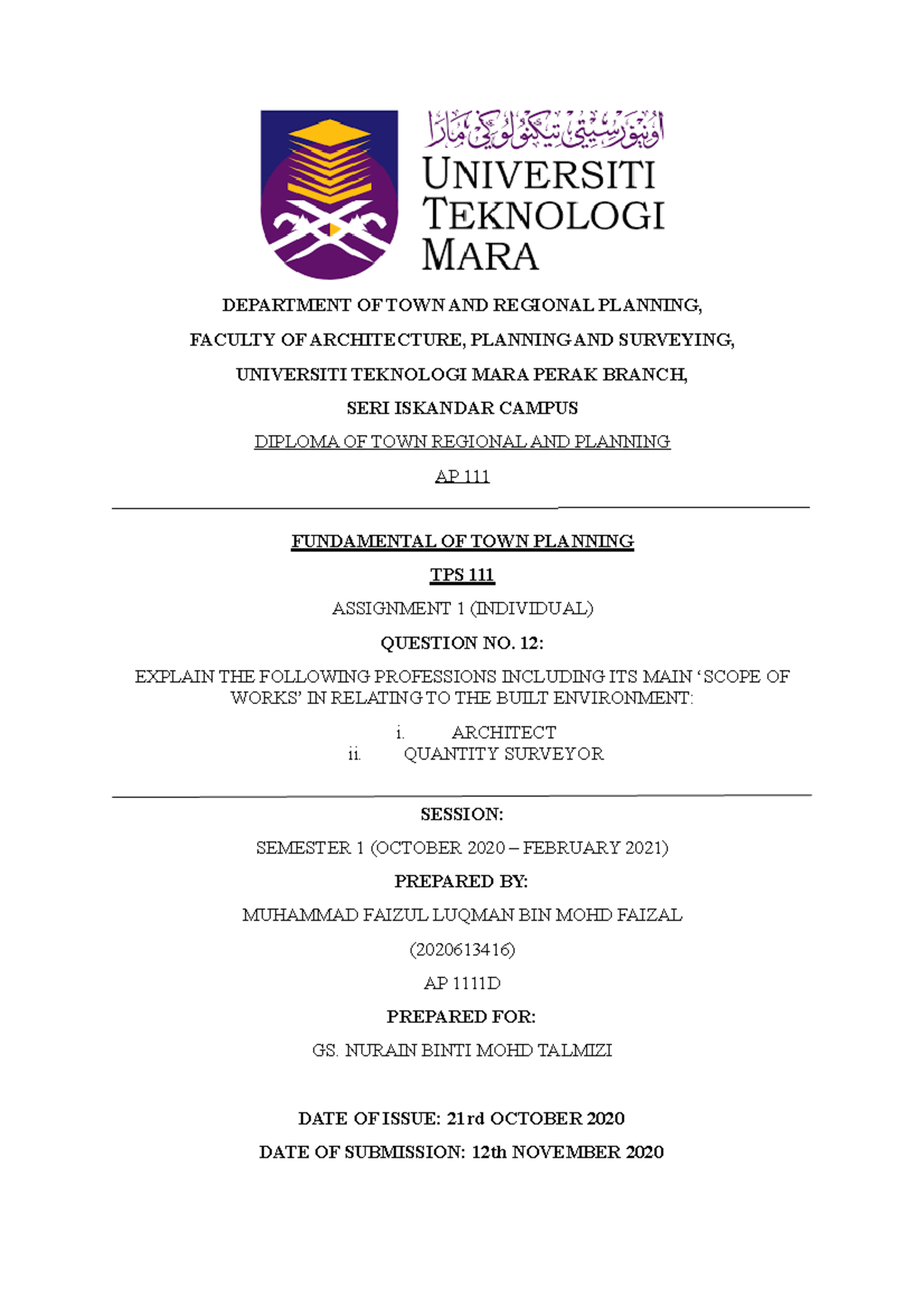 Copy Uitm Perak Department Of Town And Regional Planning Faculty Of Architecture Planning