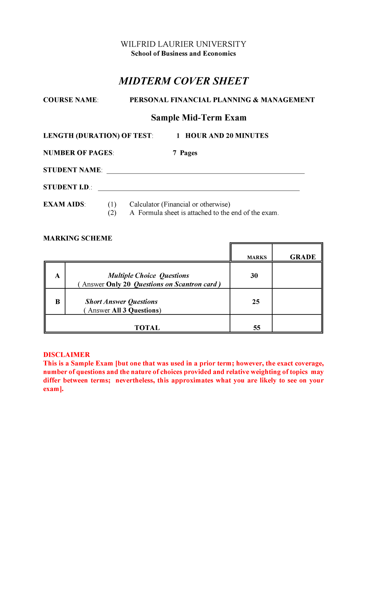 Sample/practice exam WILFRID LAURIER UNIVERSITY School of Business