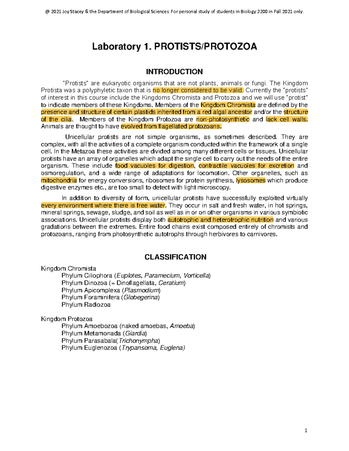 Lab 1 - Lab Manual - Laboratory 1. PROTISTS/PROTOZOA INTRODUCTION ...