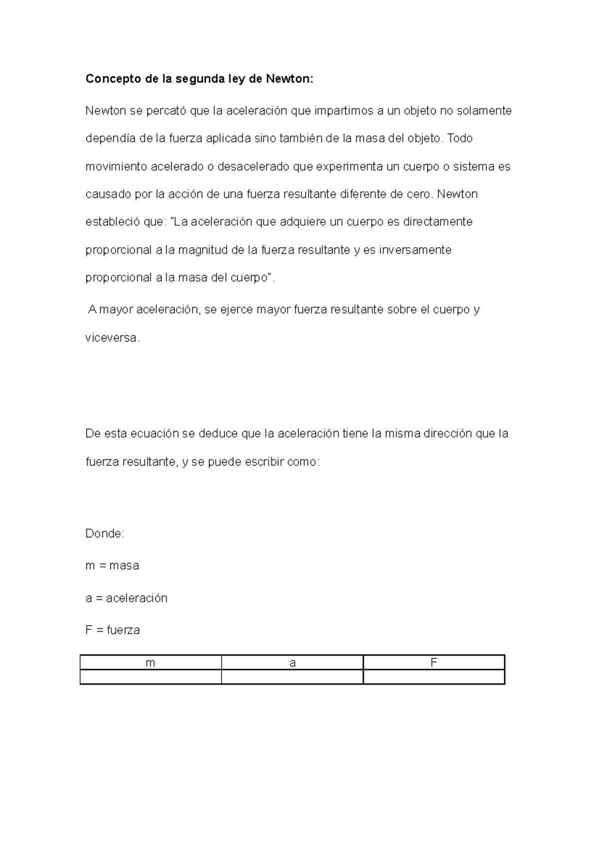 Concepto de la segunda ley de Newton - Concepto de la segunda ley de ...