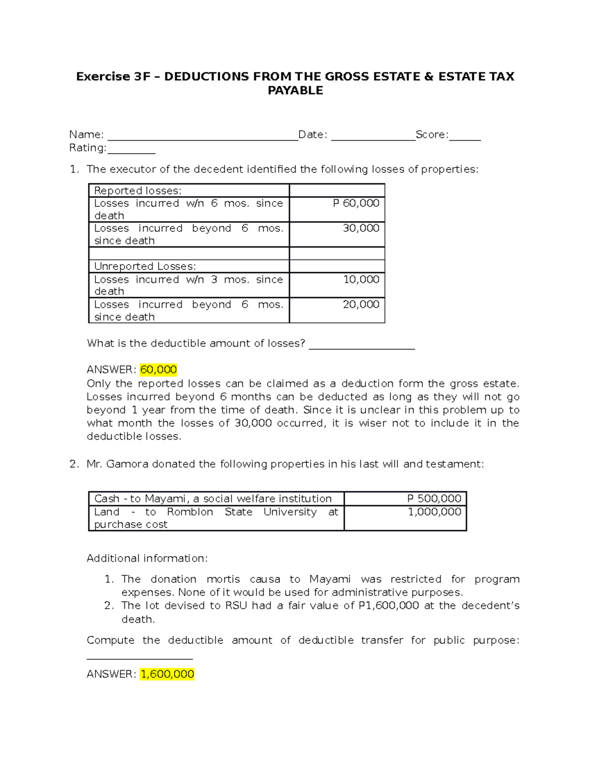 Exercise 3F-Deductions From The Gross Estate & Estate Tax Payable ...