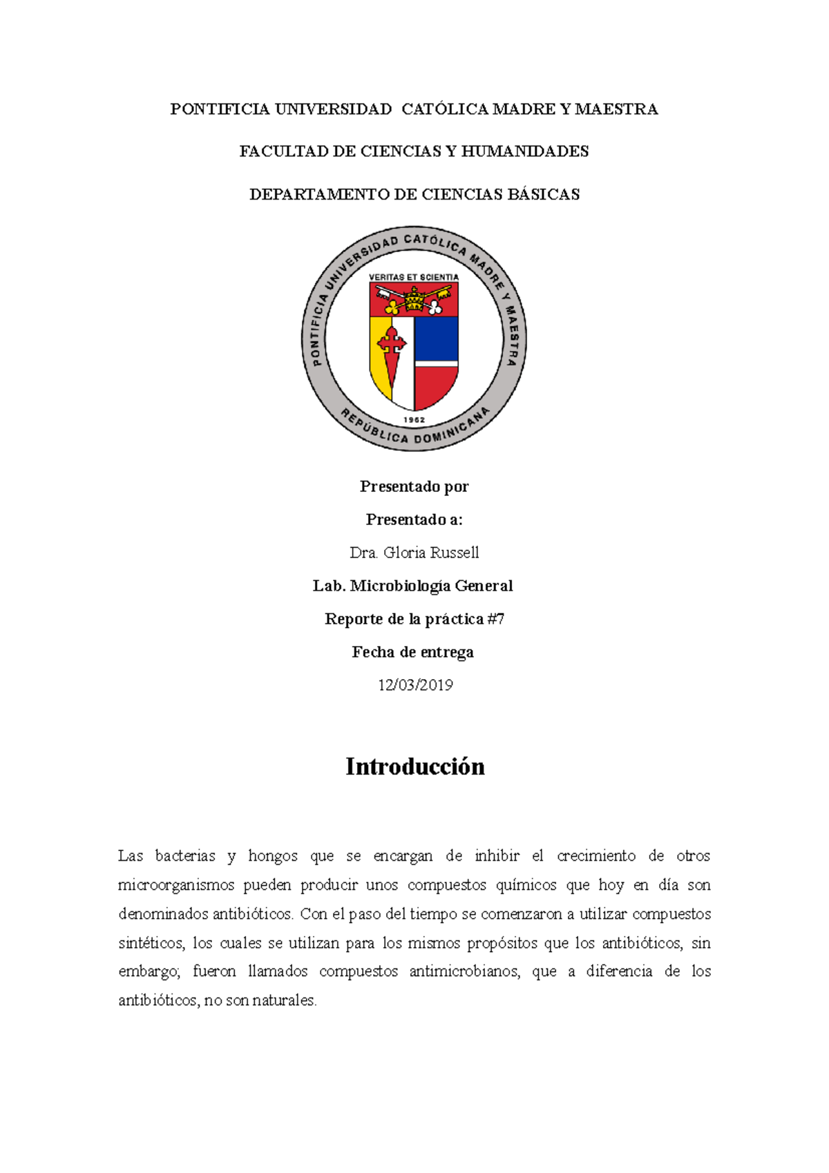 Reporte practica 7 PONTIFICIA UNIVERSIDAD CATÓLICA MADRE Y MAESTRA