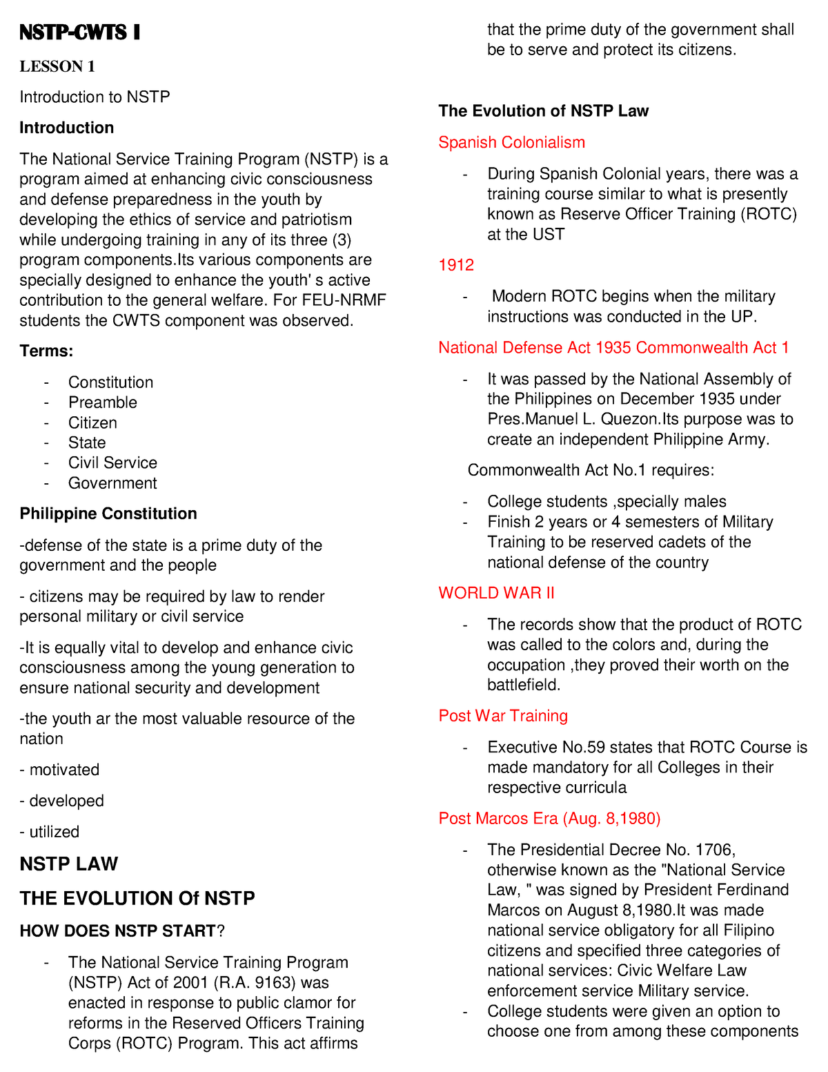 NSTP-reviewer - Reviewer For NSTP HISTORY - NSTP-CWTS I LESSON 1 ...