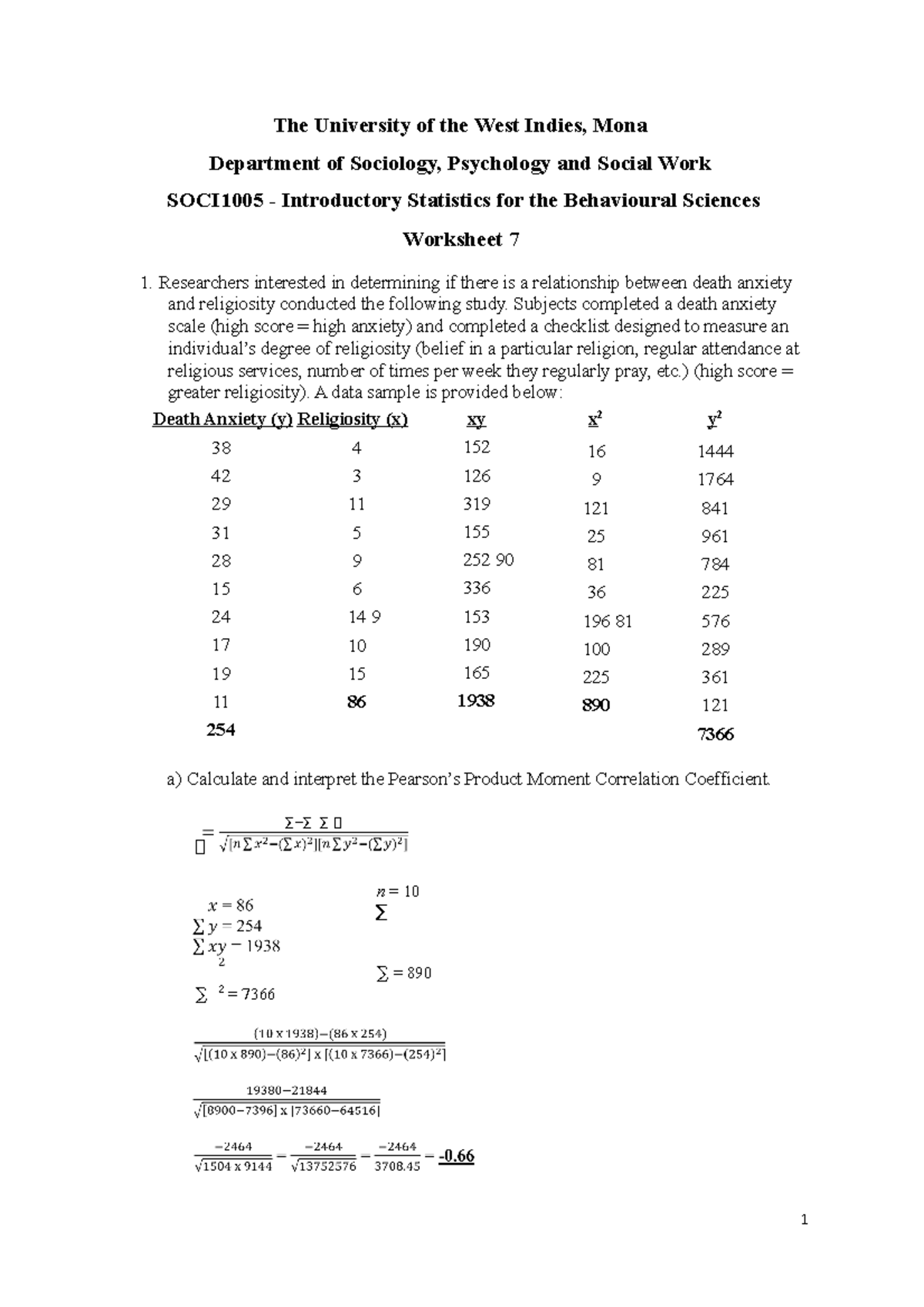 Worksheet 7 - SOCI1005 - The University of the West Indies, Mona ...