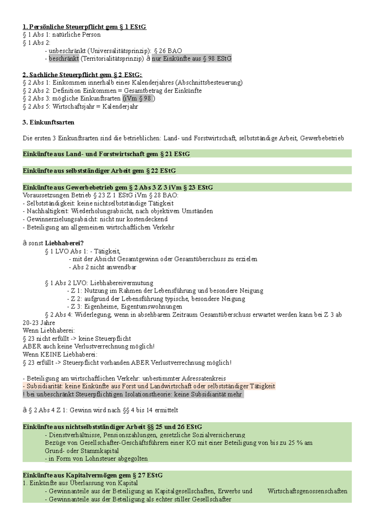 Zusammenfassung - 1. Persönliche Steuerpflicht Gem § 1 EStG § 1 Abs 1 ...