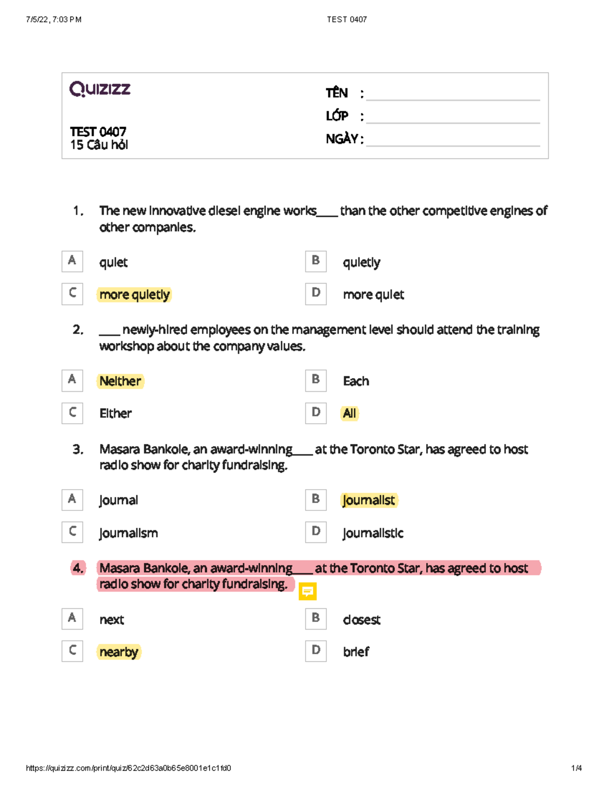 TEST 0407 - TOEIC On Tapp - TEST 0407 15 Câu Hỏi TÊN : LỚP : NGÀY : The ...